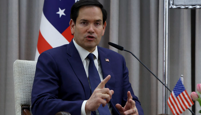 마코 루비오 미국 국무장관이 지난 2월16일 이스라엘에서 기자회견을 하고 있다. ⓒAP/뉴시스