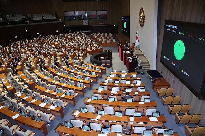 이달 5일 서울 여의도 국회 본회의장에서 방송법 개정안이 통과되고 있다. 뉴시스