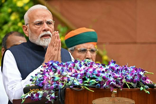 지난달 21일 뉴델리에서 열린 의회 몬순 회기 첫날 연설하는 나렌드라 모디 인도 총리의 모습./사진=AFP연합뉴스