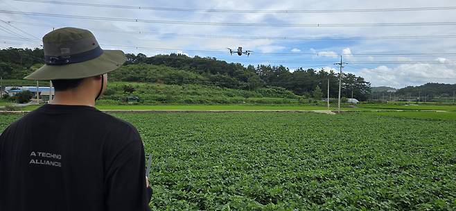 Choi Hyeon-seung from the Jeongeup drone patrol team monitors a field in Jeongeup, North Jeolla, on Aug. 13. [KIM JUN-HEE]