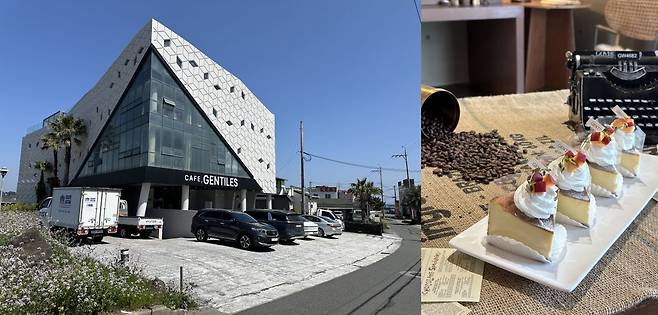 제주 서귀포시 표선해수욕장 인근 카페 젠타일스 외부 전경(왼쪽). 카페 대표 메뉴인 ‘심휼 케이크’. 역사적으로 여러 아픔을 겪은 제주 지역을 하나님이 품는다는 의미를 담아 지었다. 이 목사 제공