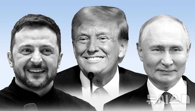 [서울=뉴시스] 왼쪽부터 볼로디미르 젤렌스키 우크라이나 대통령과 도널드 트럼프 미국 대통령, 블라디미르 푸틴 러시아 대통령.