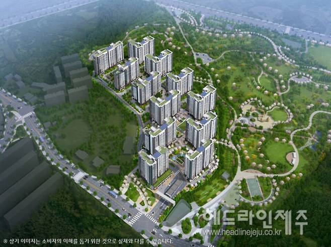 공사가 한차인 제주시 중부공원 민간특례사업 아파트 건설과정에서 입주 예정자들이 출입구를 추가로 설치해 달라는 요구가 이어지고 있다. 사진은&nbsp;제주 제일풍경채 아파트 투시도.&nbsp;