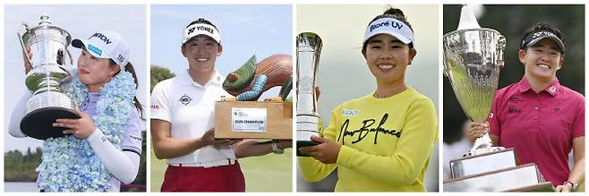 왼쪽부터 다케다 리오와 이와이 지사토, 야마시타 미유, 이와이 아키에.(사진=AFPBBNews, LPGA, Getty)