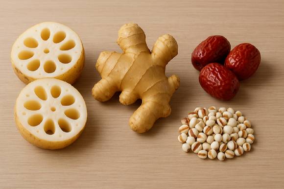 폐에 좋은 음식으로는 연근, 생강, 대추, 율무 등이 지목된다. 사진은 AI로 생성한 이미지. [사진=챗GPT]