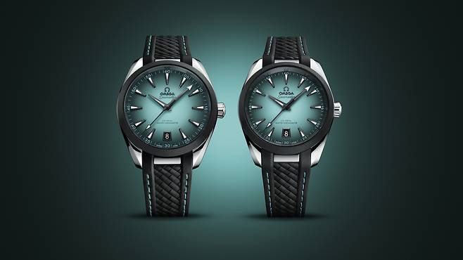 41mm과 38mm 두 가지 크기로 선보여 손목 굵기에 맞춰 선택할 수 있는 씨마스터 아쿠아 테라 터콰이즈 모델. 사진 오메가