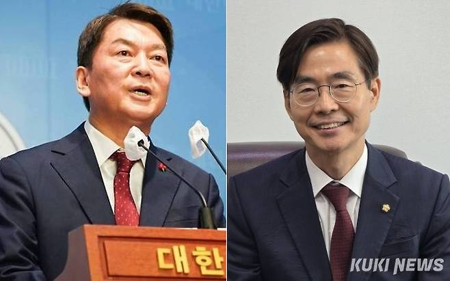 제6차 국민의힘 전당대회에 출마한 안철수 의원(왼쪽)와 조경태 의원. 쿠키뉴스 자료사진
