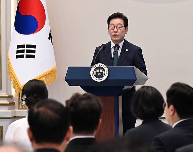 이재명 대통령이 지난 14일 청와대 영빈관에서 열린 광복 ‘80주년, 대통령의 초대’ 행사에서 모두발언을 하고 있다. [사진 = 대통령실사진기자단]