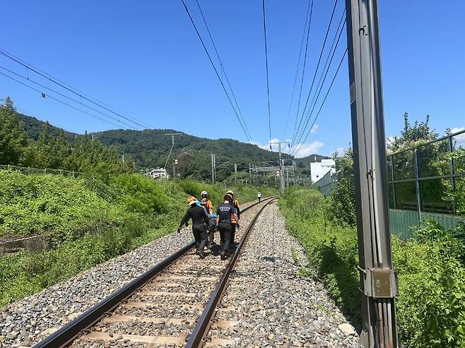 [청도=뉴시스] 19일 오전 10시52분께 경북 청도군 화양읍 삼신리 청도소싸움 경기장 인근에서 남성현∼청도역 구간을 운행하던 무궁화호 열차가 안전점검 중이던 작업자를 치는 사고가 발생했다. 당시 작업 인원은 7명이며 이중 2명이 사망, 4명은 중상, 1명이 경상을 입었다. (사진=청도소방서 제공) 2025.08.19. photo@newsis.com  *재판매 및 DB 금지