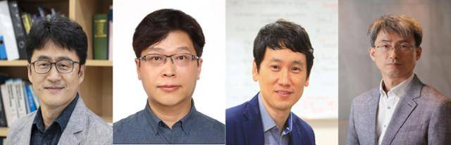 포스텍의 '정년 연장 조기결정 제도'에 선발된 교수들. 왼쪽부터 정운룡 신소재공학과, 한욱신 컴퓨터공학과, 민승기 환경공학과, 이현우 물리학과 교수. 포스텍 제공