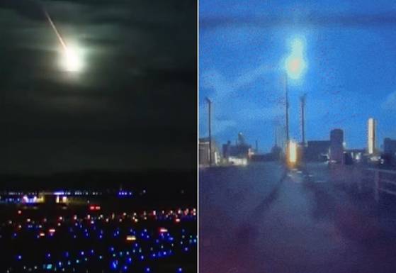 지난 19일 일본 긴키·시코쿠·규슈 지방 등 서일본 지역 상공에서 ‘화구’가 떨어졌다. 사진 요미우리TV·엑스 캡처