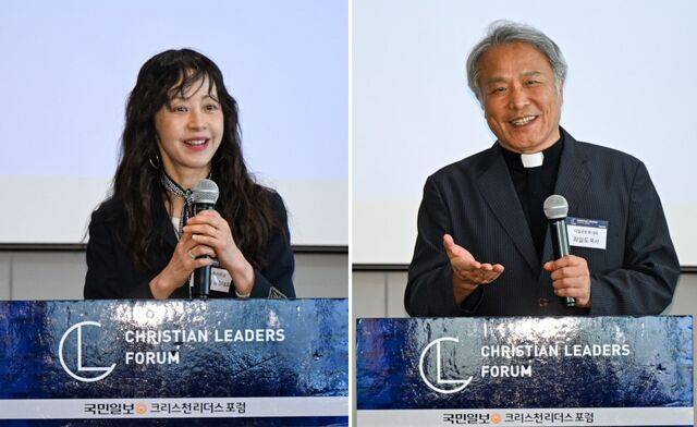 방송인이자 작가인 서정희씨가 19일 서울 여의도 국민일보 빌딩에서 유방암 투병 과정에서 겪은 역경과 은혜를 간증하고 있다. 오른쪽 사진은 ‘경건과 절제의 삶으로’를 주제로 말씀을 전한 다일공동체 대표 최일도 목사. 신석현 포토그래퍼