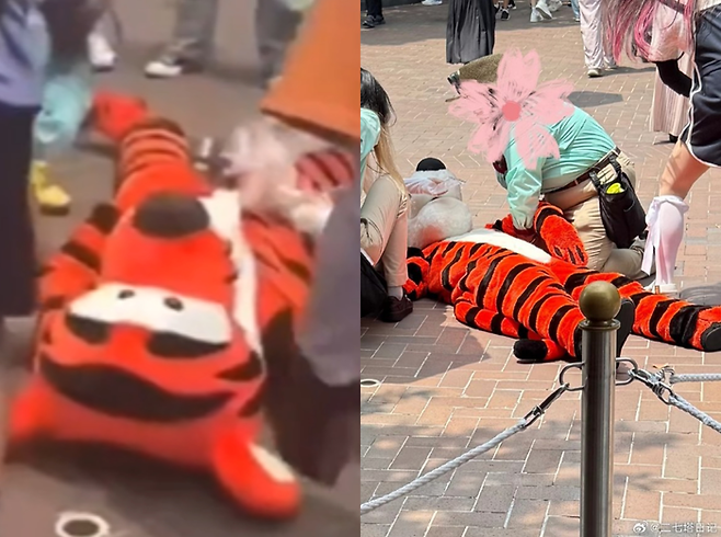 상하이 디즈니랜드 퍼레이드에서 캐릭터 복장을 한 직원이 폭염에 쓰러졌다. [사진 = X @shanghaidaily]