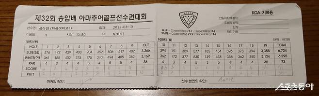 한 라운드 2개 홀인원을 작성한 성아진의 스코어 카드. 사진제공 | 대한골프협회