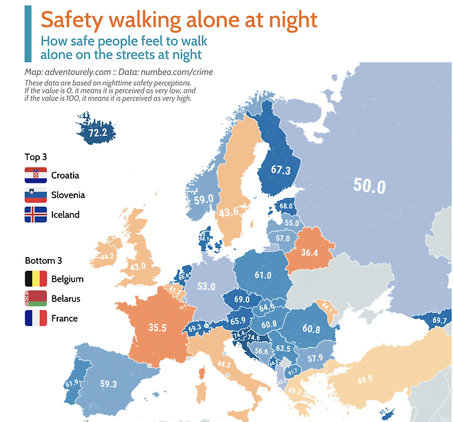 유럽의 밤길 안전한 국가 지표. 자료제공|Numbeo/크로아티아관광청/CNTB