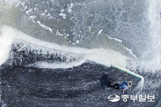 처서를 이틀 앞둔 21일 오후 안산시 단원구 동부염전에서 염부들이 연이은 폭염으로 생산량이 늘어난 천일염을 수확하며 구슬땀을 흘리고 있다. 임채운기자