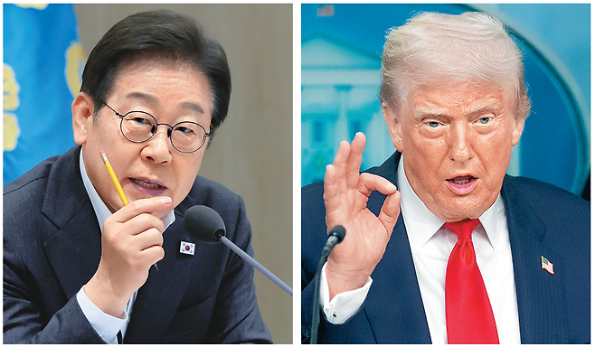 25일 미국 워싱턴에서 열리는 이재명 대통령(왼쪽 사진)과 도널드 트럼프 미국 대통령(오른쪽 사진)의 한미 정상회담이 닷새 앞(20일 기준)으로 다가왔다. 이번 정상회담은 이재명 정부의 외교 향방을 가르는 것은 물론이고 향후 국정 운영 전반에 큰 영향을 미칠 것으로 전망된다. 특히 상대를 강하게 압박하는 스타일의 트럼프 대통령이 어떻게 나올지 예측하기 어려운 만큼 대통령실은 다양한 시나리오에 대비하며 준비에 총력을 기울이고 있다. 송은석 기자 silverstone@donga.com·워싱턴=AP 뉴시스