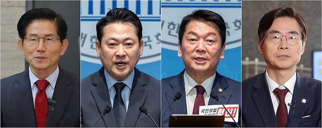 지난 20일 기자회견과 인터뷰를 통해 지지를 호소하는 국민의힘 당대표 후보들. 왼쪽부터 김문수·장동혁·안철수·조경태 후보. 연합뉴스