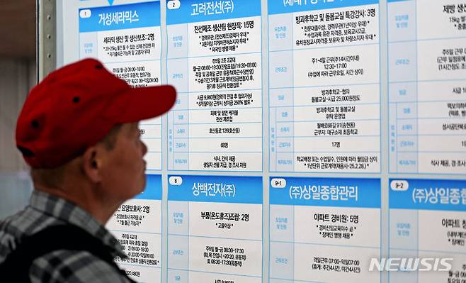 [대구=뉴시스] 이무열 기자 = 17일 대구 달서구청 대강당에서 열린 2024 달서구 중장년 취업박람회에서 한 구직자가 채용 게시판을 살려보고 있다. 2024.04.17. lmy@newsis.com