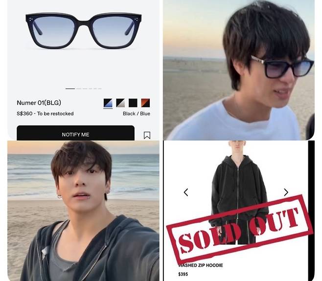 방탄소년단이 지난 17일 진행한 라이브 방송에서 멤버 진과 정국이 착용한 선글라스와 집업 후드가 품절됐다. X 계정 ‘World Music Awards’ 게시물 캡처