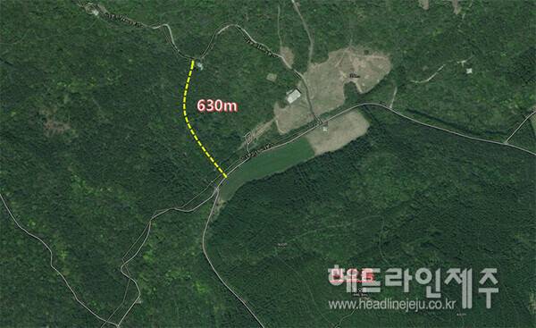 남원읍 수망리 민오름 인근에 신설되는 국유임도(노란색 선) (사진=서귀포시)