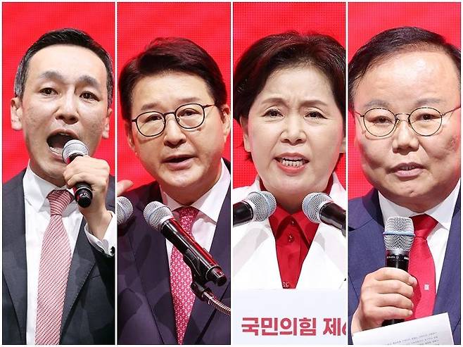 국민의힘 최고위원으로 선출된 신동욱(왼쪽 두 번째)·김민수(왼쪽)·양향자(오른쪽 두 번째)·김재원 최고위원 ⓒ데일리안 홍금표 기자