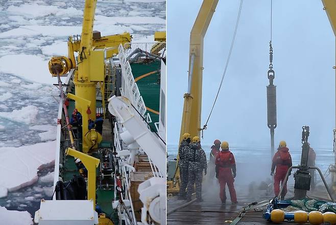 남극 바다 밑에서 해저 퇴적물을 시추하는 작업의 모습이다. 왼쪽은 점보 피스톤 시추기이고, 오른쪽은 중력 시추기이다. 유규철 제공