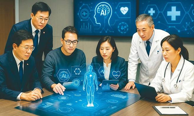 생성형 인공지능(AI) 퍼플렉시티에 ‘한국이 세계 3대 의료AI 강국이 되기 위해 정부, 기업, 의료기관이 협력하는 모습을 그려줘’라는 명령어를 입력해 얻은 그림.