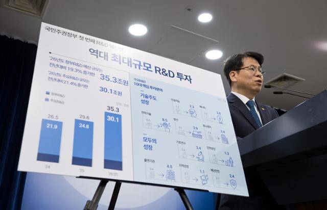 박인규 과학기술정보통신부 과학기술혁신본부장이 22일 서울 종로구 정부서울청사에서 '2026년도 국가연구개발사업 예산 배분조정안' 관련 브리핑을 하고 있다. 과기정통부 제공