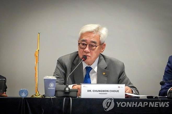 총회에서 발언하는 조정원 WT 총재 조정원 세계태권도연맹(WT) 총재가 30일 강원도 춘천 엘리시안 강촌에서 열린 WT 집행위원회 및 총회에서 발언하고 있다. [세계태권도연맹 제공. 재배포 및 DB 금지]