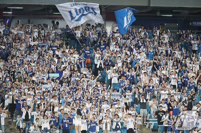 23일 오후 대구 수성구 삼성라이온즈파크에서 열린 프로야구 '2025 신한 SOL뱅크 KBO 리그' 키움 히어로즈와 삼성 라이온즈 경기, 주말을 맞아 야구장을 찾은 관중들이 무더위도 잊은 채 열띤 응원전을 펼치고 있다. 이날 삼성라이온즈파크 2만4000석이 매진됐다. 2025.8.23/뉴스1 ⓒ News1 공정식 기자