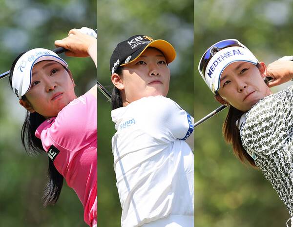 박현경, 홍정민, 이예원, 노승희, 이가영, 정윤지, 박혜준, 고지원, 박지영, 김다나, 황유민, 김민솔, 박민지, 김민솔, 장하나, 김수지, 이다연 프로 등이 출전하는 2025년 한국여자프로골프(KLPGA) 투어 BC카드·한경 레이디스컵에 출전한 유현조, 방신실, 배소현 프로가 2라운드에서 경기하는 모습이다. 사진제공=KLPGA