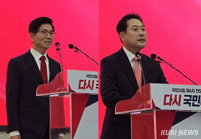김문수·장동혁 국민의힘 당대표 후보가 22일 ‘제6차 국민의힘 전당대회’ 결선에 진출한 후 기자회견을 하고 있다. 임현범 기자