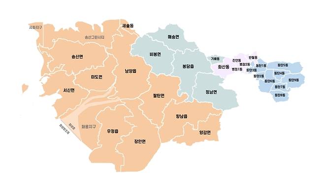 새롭게 신설되는 화성특례시 만세구·효행구·병점구·동탄구 4개 일반구. 사진=화성특례시청