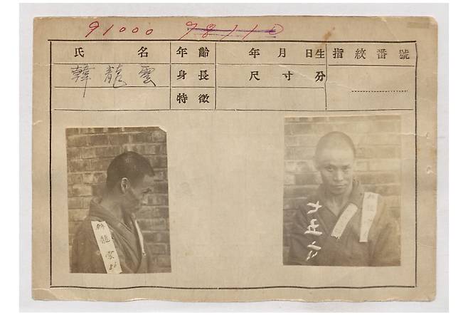 3.1운동 직후 일제 경찰이 작성한 주요감시대상 인물카드. 만해의 눈빛이 매섭다. 자료=국사편찬위원회