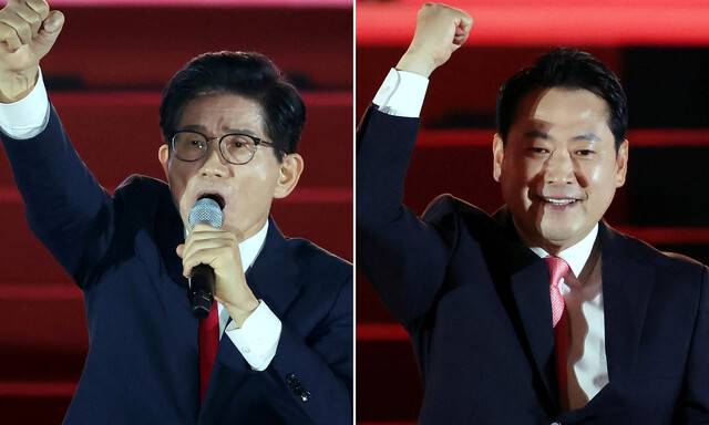 김문수(왼쪽)·장동혁 후보 국민의힘 대표 후보가 22일 오후 충북 청주시 오스코에서 열린 제6차 전당대회에서 각각 지지를 호소하고 있다. 이날 과반 득표자가 나오지 않아 반탄(탄핵 반대)파인 두 후보가 나란히 결선에 올라 결선투표를 거쳐 오는 26일 당대표가 최종 결정된다. 김경호 선임기자 jijae@hani.co.kr