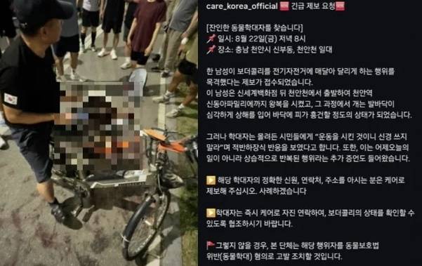 한 50대 남성이 자신이 키우는 반려견을 전기자전거에 줄을 매달아 끌고 가다가 시민들의 저지에 멈춰서고 있다 [소셜미디어 갈무리]