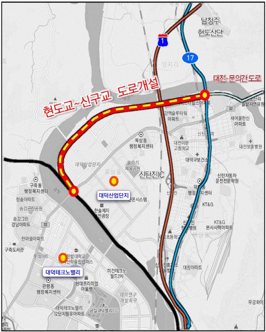 대전 대덕구 현도교-신구교 기존 노선 위치도. 대전시 제공
