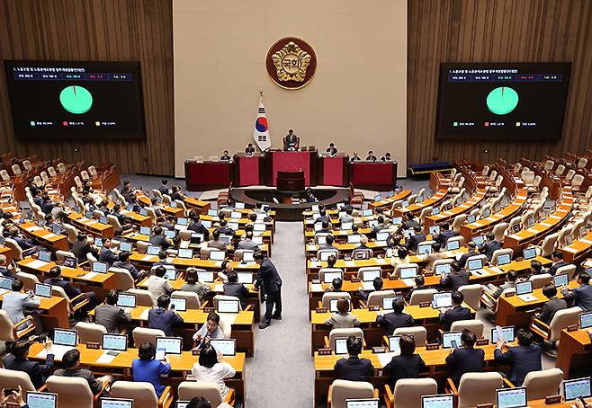 국회 본회의에서 '노동조합 및 노동관계조정법 일부개정법률안'이 통과되고 있다. 2025.8.24 (사진=저작권자(c) 연합뉴스, 무단 전재-재배포 금지)