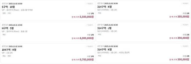 25일 티켓베이에서 정가 VIP석 19만8000원, 일반석 15민4000원으로 책정된 NCT WISH 콘서트 티켓이 최대 970만원에 판매되고 있는 모습. / 사진=티켓베이 캡처