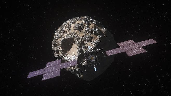 소행성 프시케를 탐사하는 탐사선 프시케 그래픽 이미지. NASA/JPL-Caltech/ASU