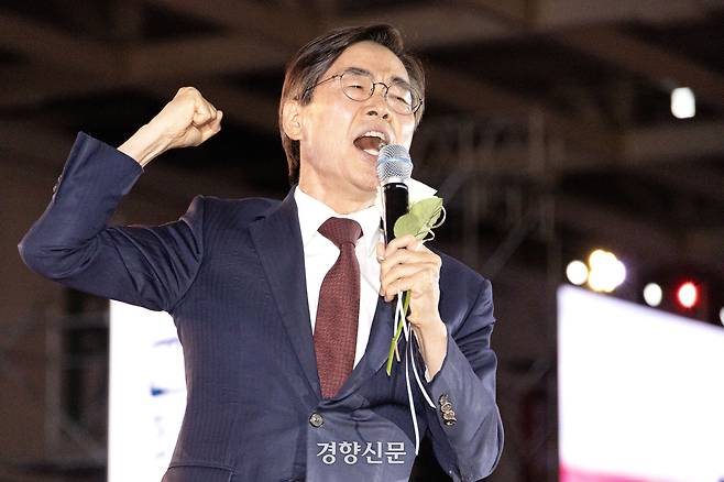 지난 22일 충북 청주시 오스코에서 열린 국민의힘 전당대회에서 조경태 당시 당대표 후보가 비전발표를 하고 있다. 권도현 기자