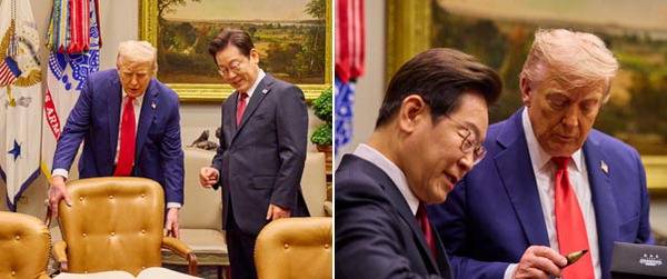 도널드 트럼프 미국 대통령이 25일(현지시간) 미국 워싱턴DC 백악관에서 열린 한미 정상회담에서 이재명 대통령이 방명록에 서명을 하려하자 의자를 빼주면서 배려하고 있다. 오른쪽 사진은 이 대통령이 트럼프 대통령에게 방명록 작성 때 사용한 만년필을 선물하는 모습. 연합뉴스