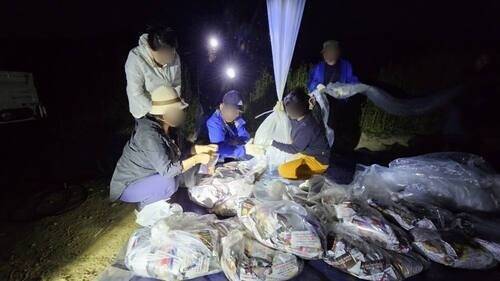 탈북민 단체 관계자들이 대북 전단을 날리고 있는 모습. 기사와 구체적인 관련 없음. 겨레얼통일연대 제공