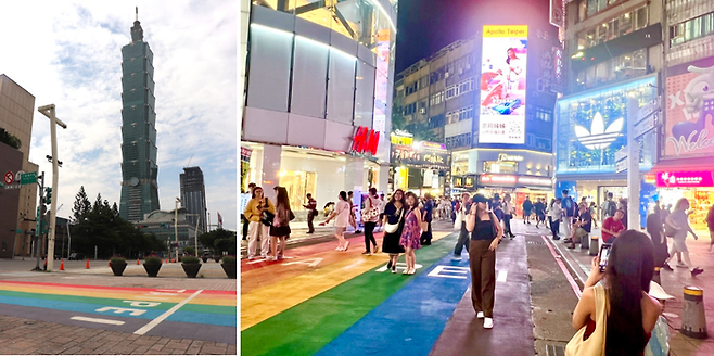 (좌) 현 타이베이 무지개 횡단보도 / 사진= 문서연 여행+ 기자, (우) 시먼딩 전 타이베이 무지개 횡단보도 / 타이베이시 제공