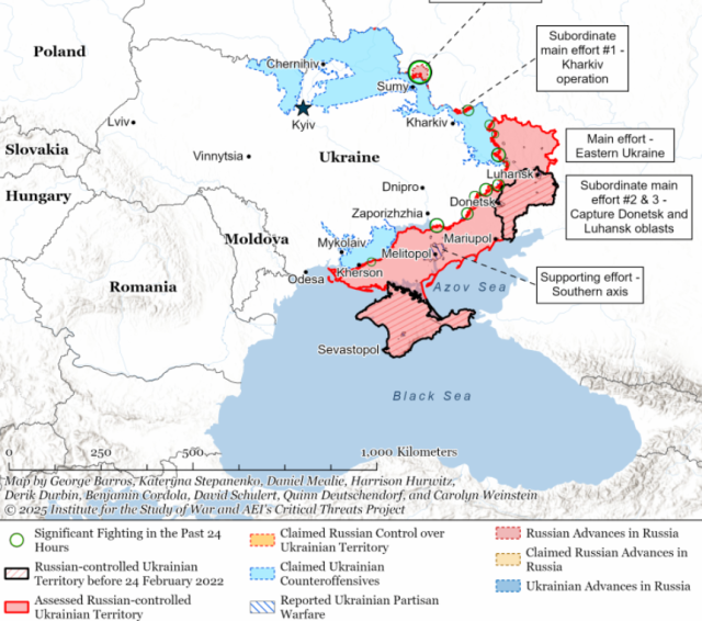 ▲ 미국 전쟁연구소(ISW, Institute for the Studies of War)가 2025년 6월 현재 파악한 우크라이나 전황. 오른쪽 아래 빨간색 부분이 러시아가 통제하고 있다고 평가되는 우크라이나 영토이며 오른쪽과 중간 위의 파란색 부분이 우크라이나가 반격했다고 주장하는 지역이다.