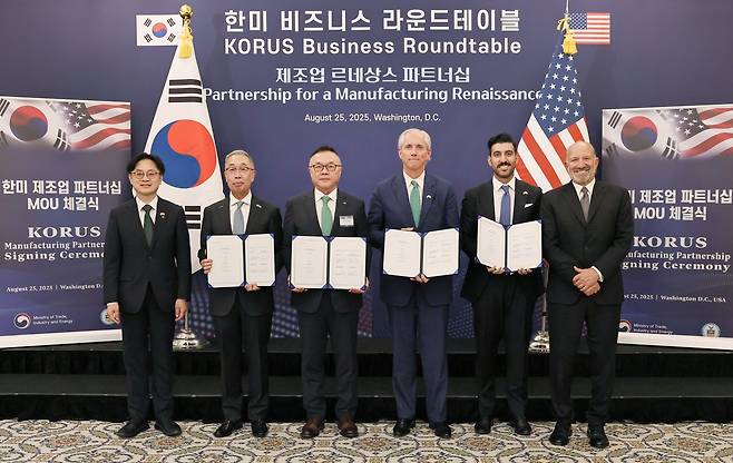 (서울=연합뉴스) 한국수력원자력은 25일(현지시간) 미국 워싱턴DC에서 아마존(Amazon), 엑스에너지(X-energy), 두산에너빌리티와 미국 SMR 프로젝트에 협력하기로 하고 업무협약을 맺었다. 왼쪽부터 김정관 산업통상자원부 장관, 박지원 두산에너빌리티 회장, 황주호 한국수력원자력 사장, 제프리 클레이 셀(J. Clay Sell) 엑스에너지 CEO, 레이 포코우리(Ray Fakhoury) 아마존 에너지정책 관리자, 하워드 러트닉(Howard Lutnick) 미국 상무부 장관 [한수원 제공. 재판매 및 DB 금지]