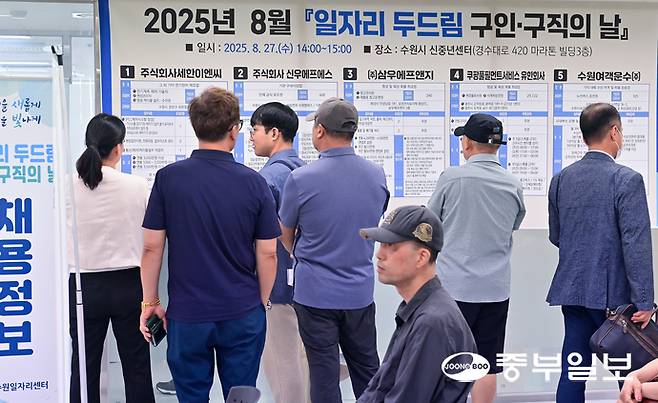 27일 오후 수원시 팔달구 수원시신중년센터에서 열린 일자리 두드림 구인·구직의 날 행사를 찾은 중장년층 구직자들이 채용게시판을 둘러보고 있다. 임채운기자