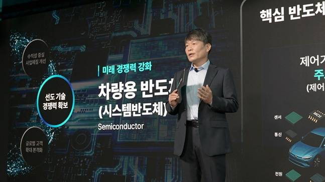 이규석 현대모비스 사장이 27일 여의도 페어몬트 호텔에서 열린 '2025 CEO 인베스터 데이' 발표자로 나서 회사 미래 성장 전략과 구체적인 실행 계획을 발표하고 있다./사진=현대모비스