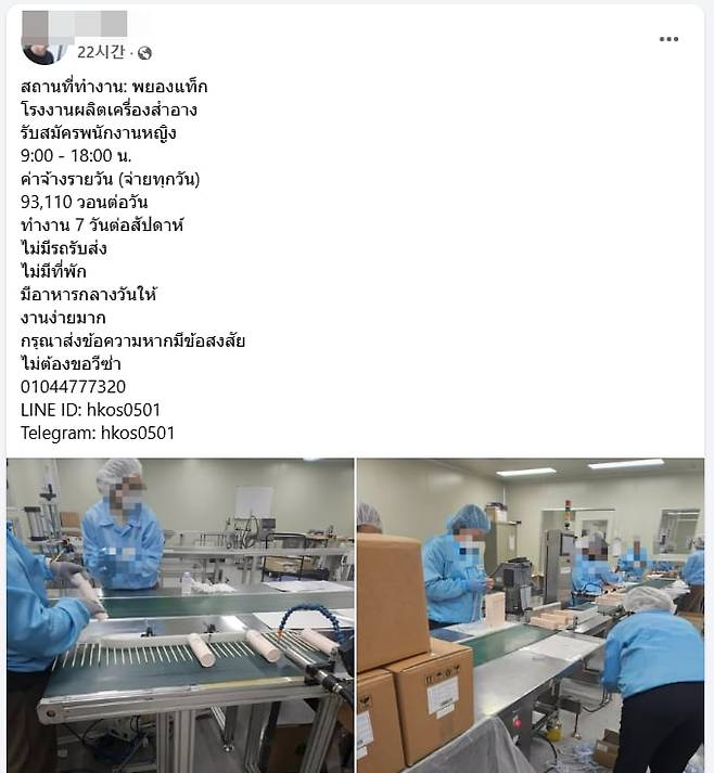 한 페이스북 그룹에 올라온 게시물. 경기도 평택의 한 화장품 제조 공장에서 태국인 근로자를 구하고 있는데, 비자는 필요 없다고 나와 있다./페이스북 캡처